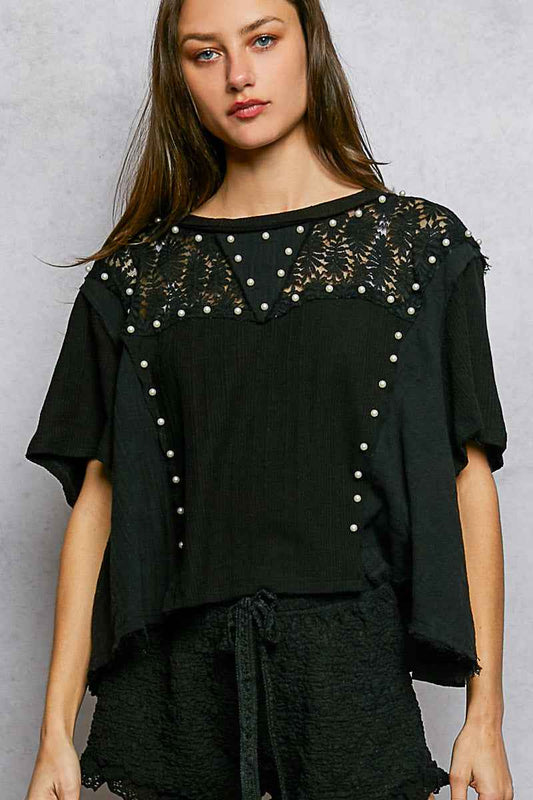 POL Lace Pearl Stud Round Neck Short Sleeve Shirt BLACK 1acff21d-5ac1-49e3-a1e1-b667b3e54197-Max
