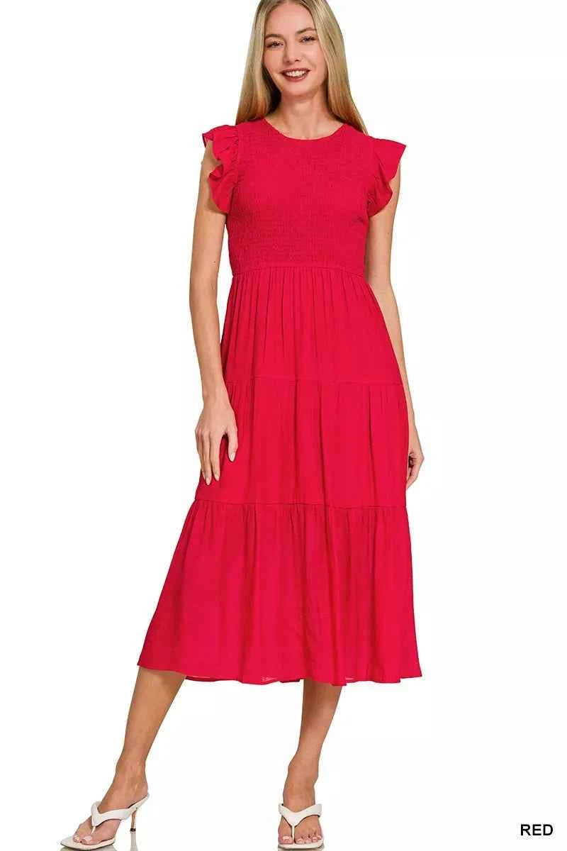 Zenana Woven Smocked Ruffle Sleeve Midi Dress 1ad61531665743a2af6c7f0c312c947e-Max-Origin