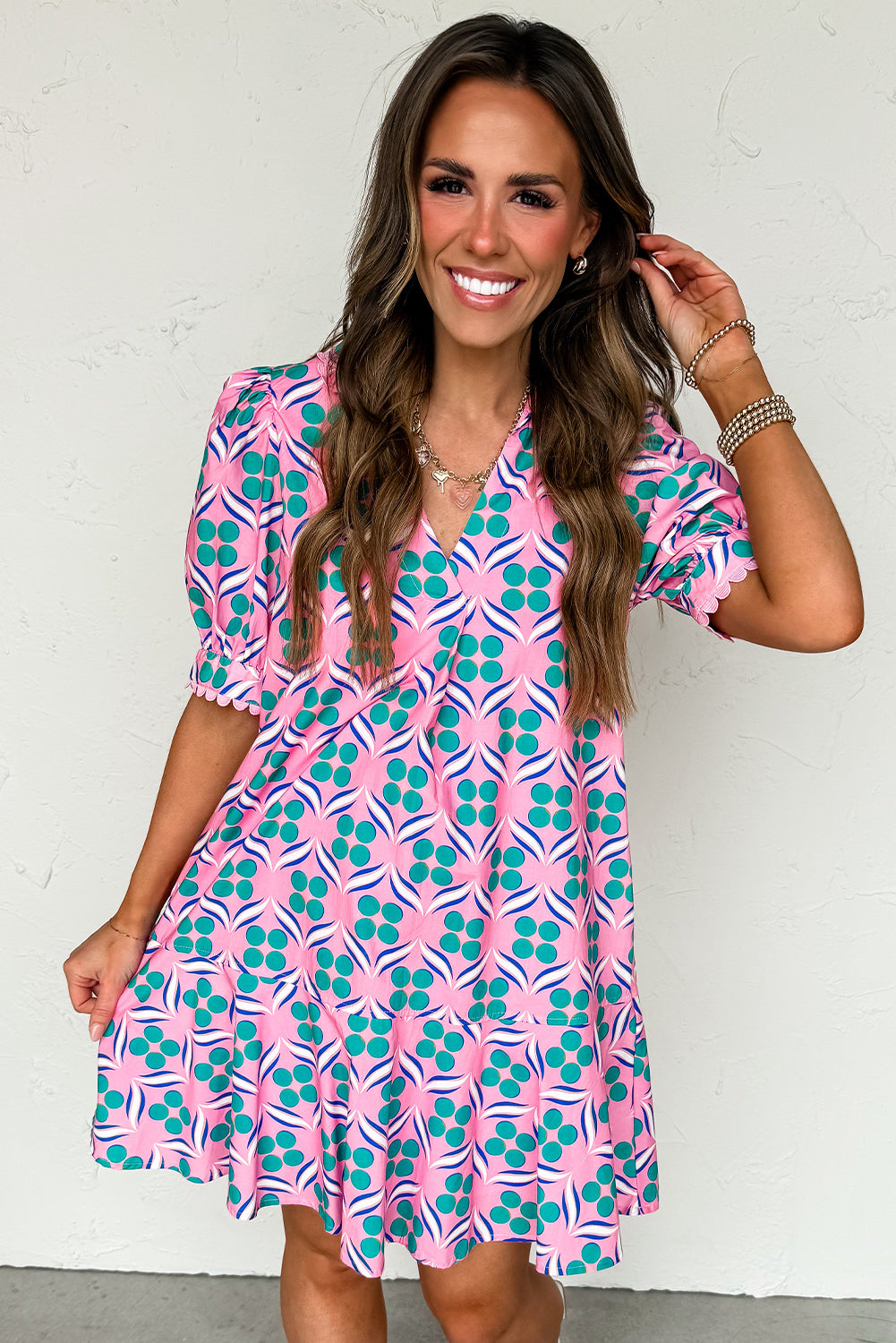 Pink Geometric Print V-Neck Ricrac Trim Mini Dress 1ad8a9fdc9442056