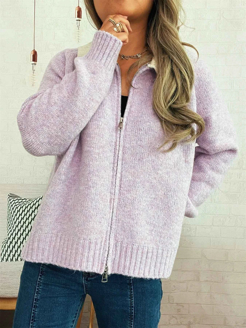 Contrast Collar Zip-Up Cardigan 1ad8c406944e4674b3cdb029bf99184e-Max-Origin