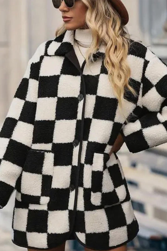 Black Checkered Side Pockets Collared Buttoned Fleece Jacket 1ae15f133eb53075