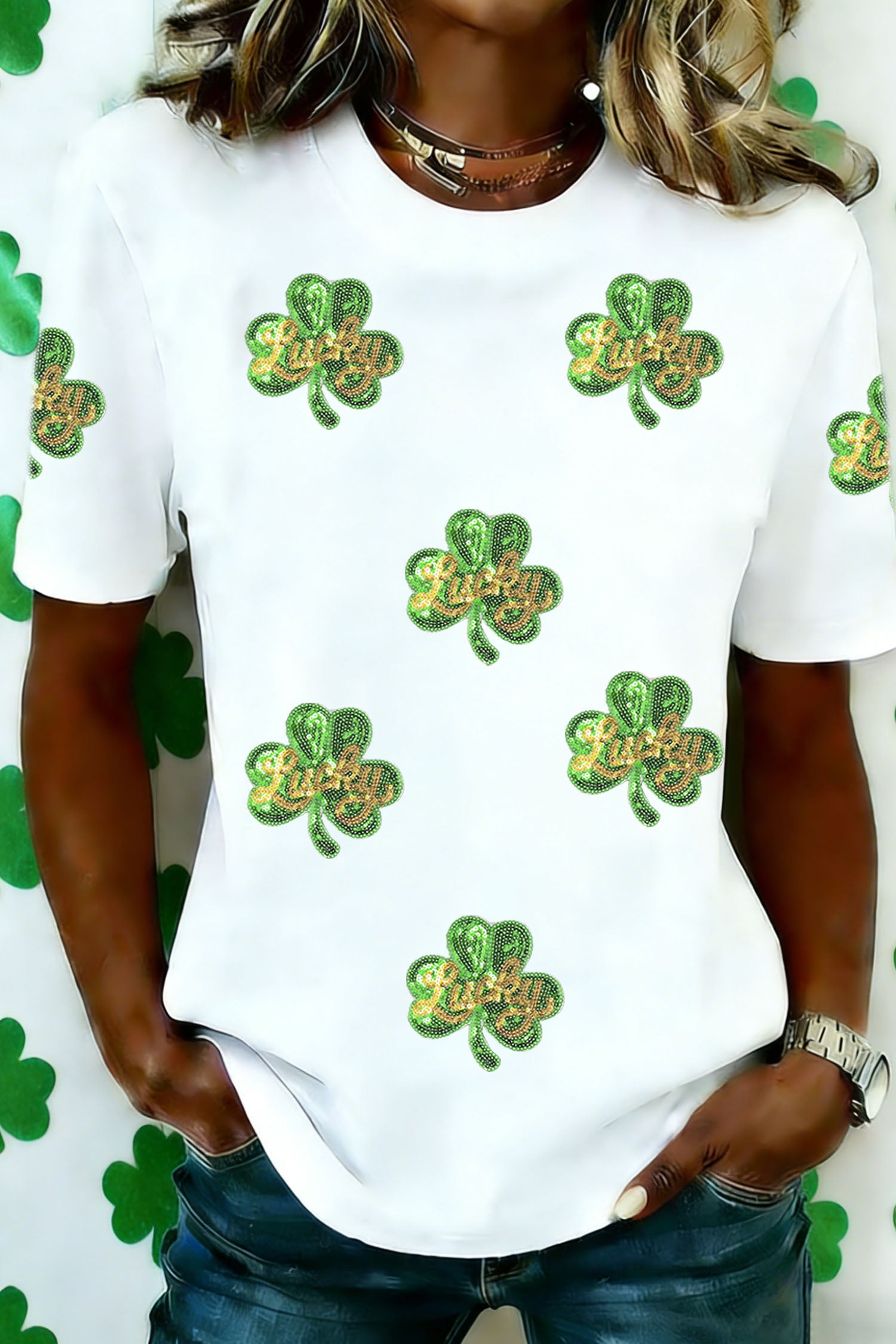 White Sequin Lucky Clover Patched Casual Round Neck Tee 1ae588739ed95a4c