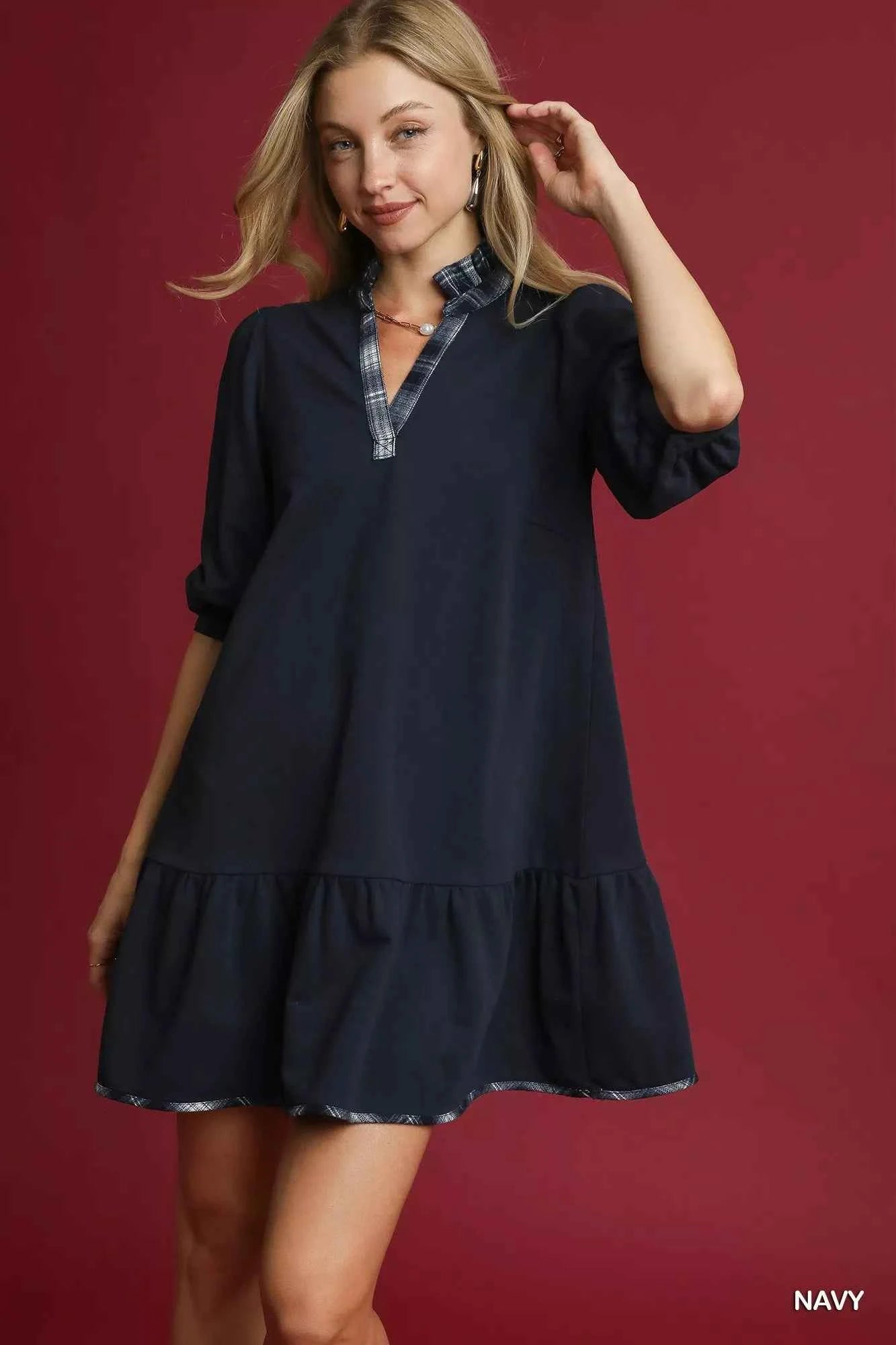 French Terry Ruffle Hem Dress with Plaid Trim Navy 1ae6272c-d942-4300-a2d7-c2fdddc9ed88-Max-Origin