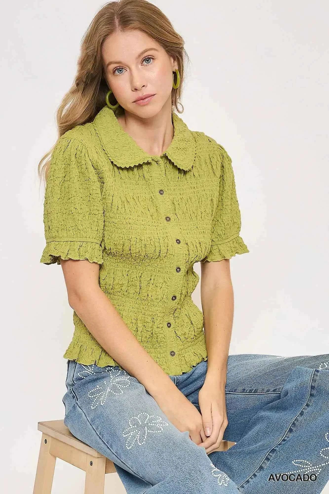 Umgee Smocked Short Sleeve Button-Front Shirt with Peter Pan Collar AVOCADO 1aeac9e2-5dc9-4e8d-8aef-2d69c3adaa19-Max-Origin