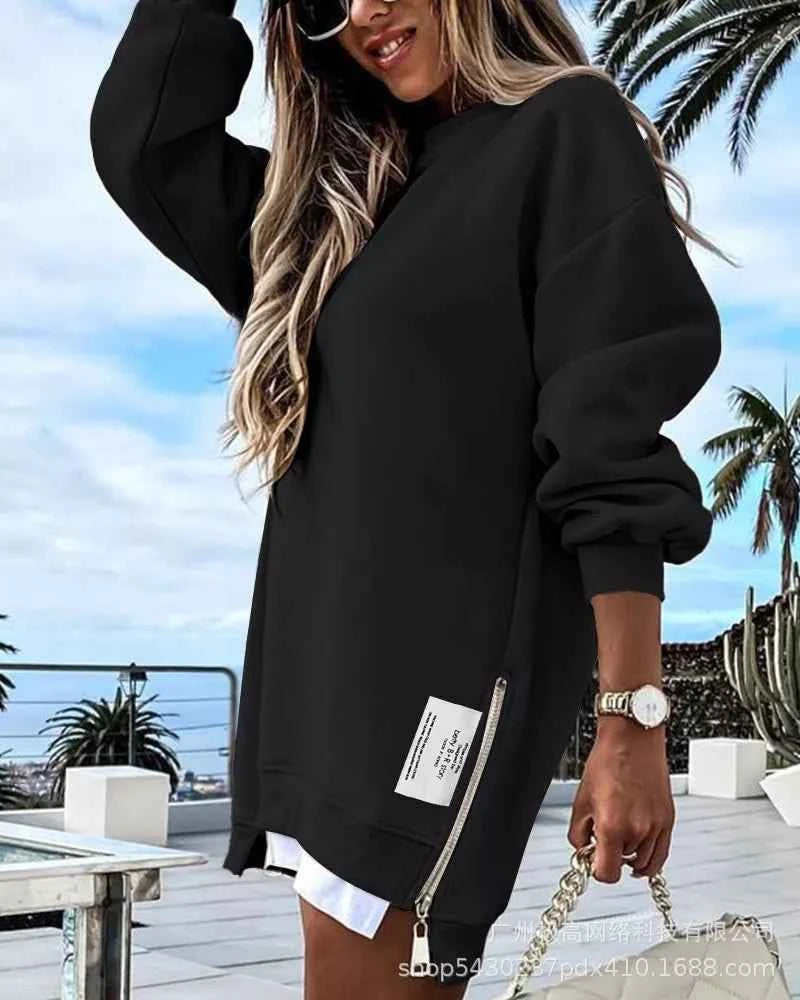 Side Slit Round Neck Long Sleeve Sweatshirt