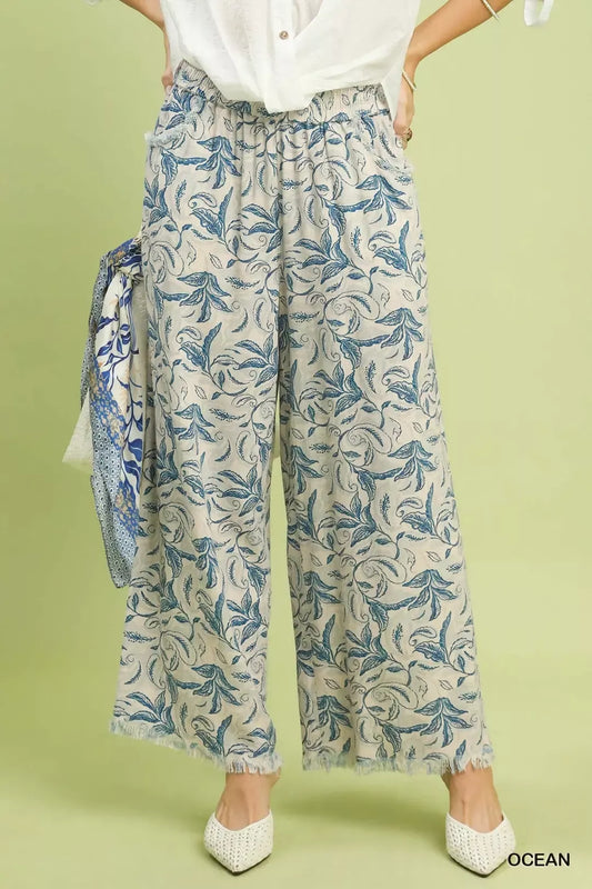 Umgee Linen Printed Wide Leg Raw Hem Pants OCEAN 1af8256f-4a60-4157-8237-293606444c74-Max-Origin