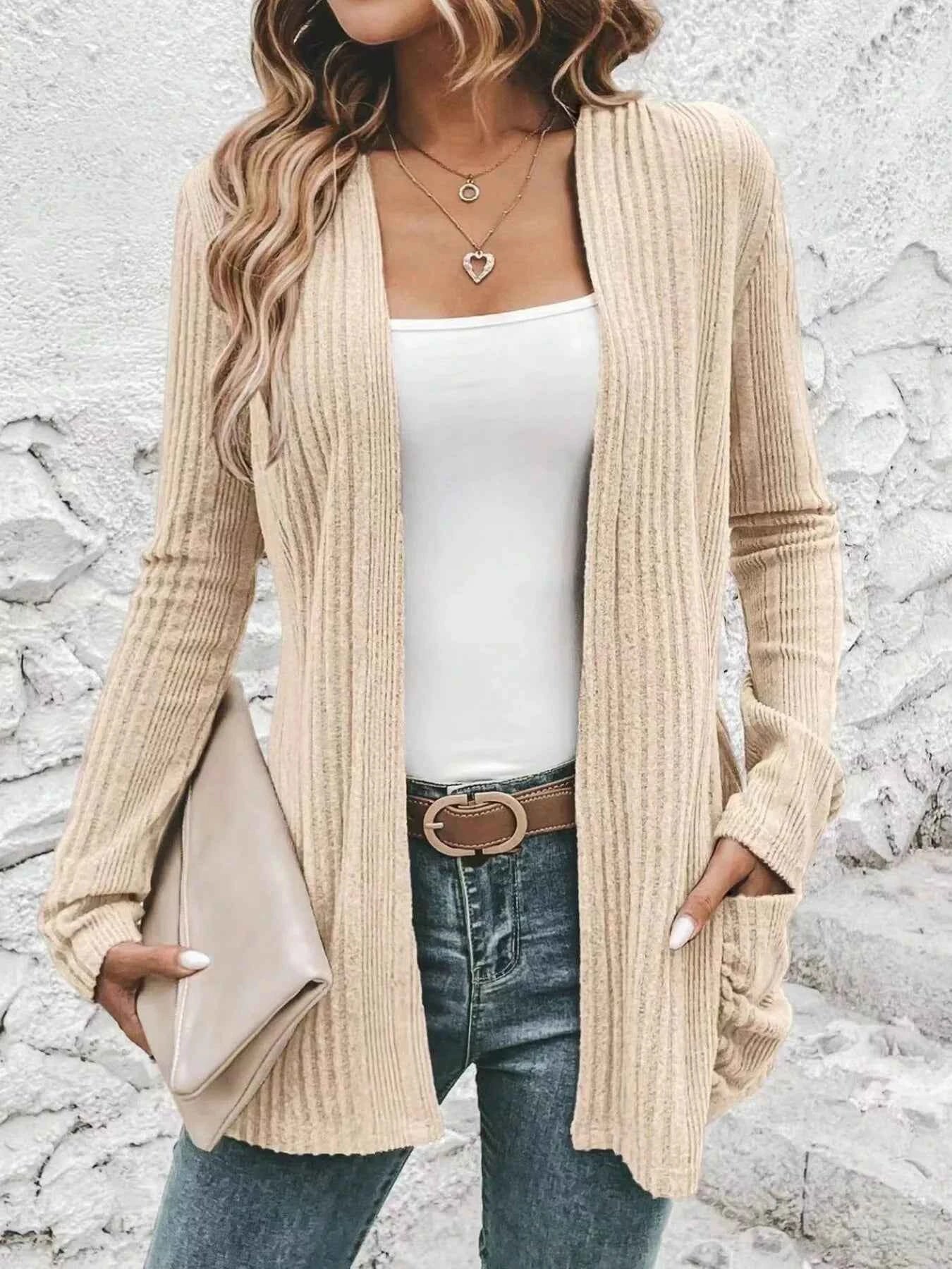 Ribbed Open Front Long Cardigan with Pockets Apricot 1afabf5c08bb41a68b530d0773c88d5e-Max-Origin
