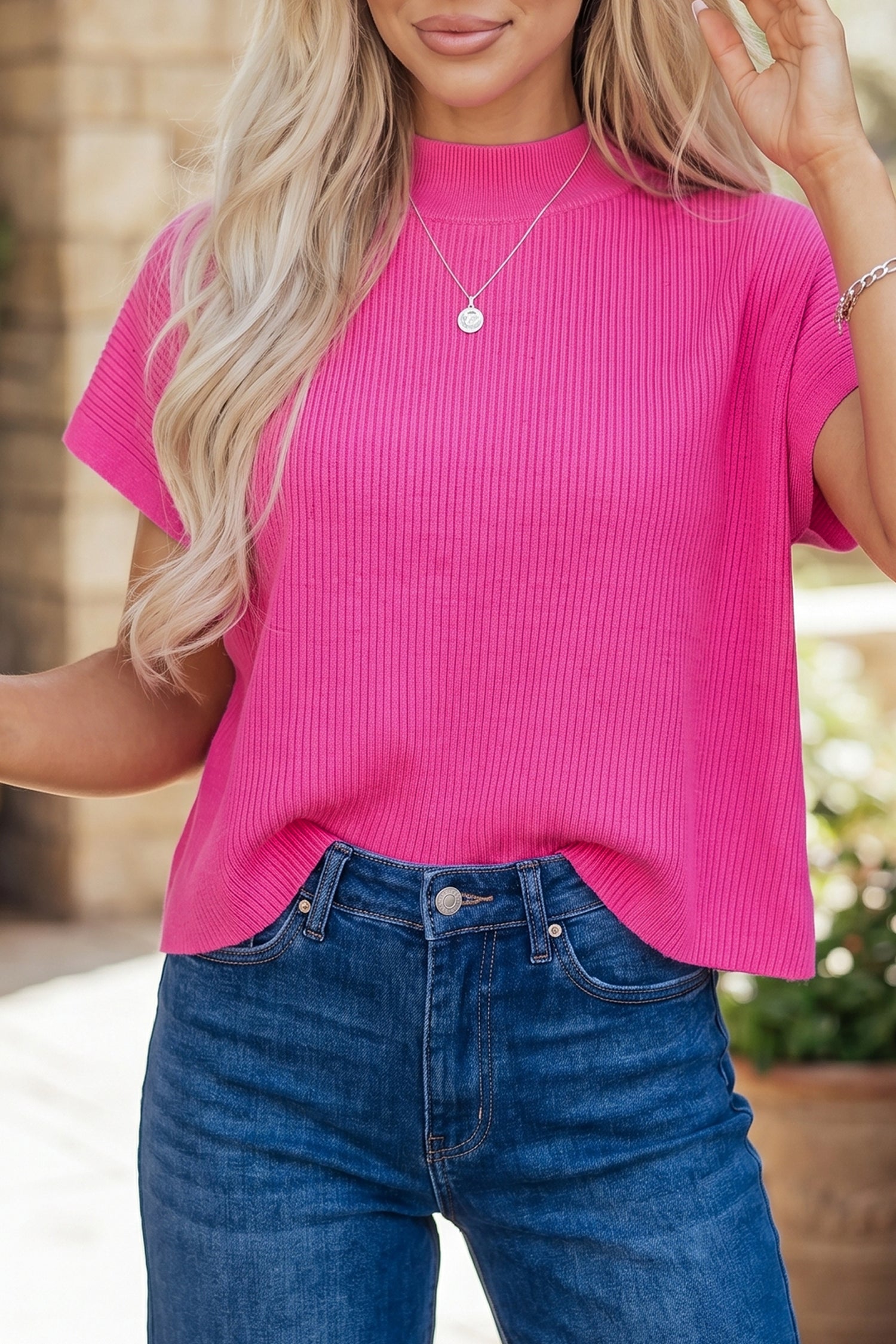 White Solid Color Ribbed Knit Mock Neck Loose Short Sleeve Sweater Bright Pink 100%Viscose 1afbccb0b6bcb5c5