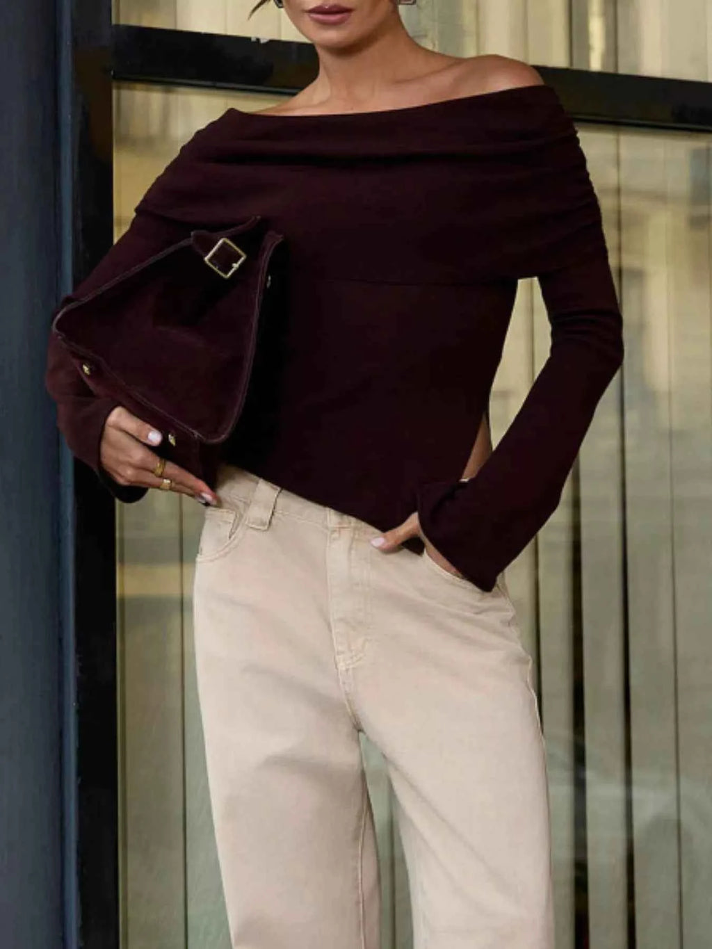 Asymmetrical Hem Off-Shoulder Long Sleeve Knit Top Burgundy 1b02ff68-50b6-4f09-8138-d73e25788ec7-Max-Origin
