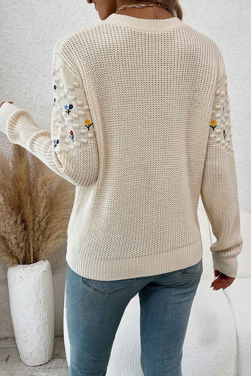 Jet Stream Mixed Texture Knit Flower Embroidered Detail Casual Sweater 1b08d7864f275679