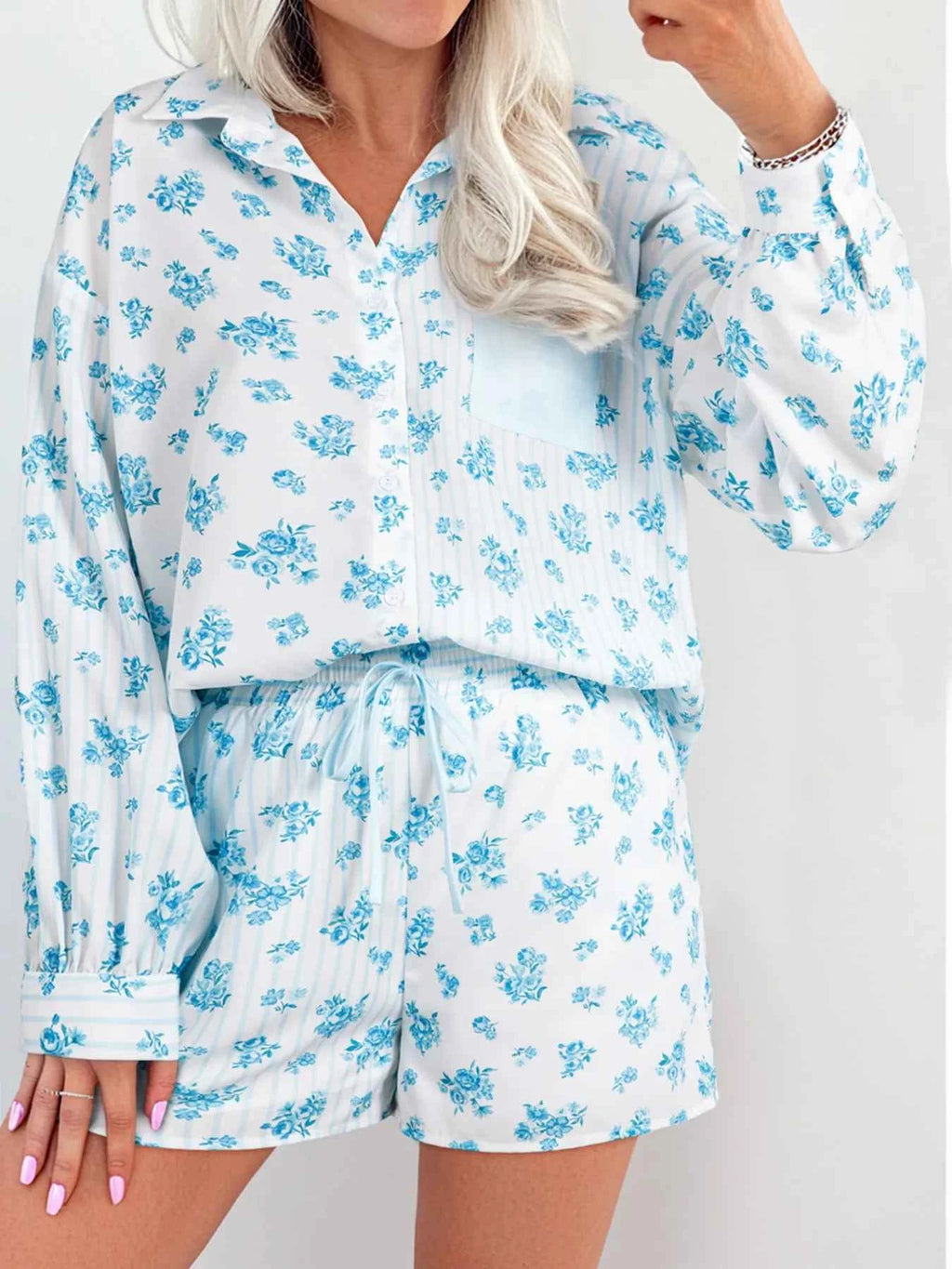 Floral Print Contrast Patched Pocket Shirt and Shorts Set Light Blue 1b0cf1a60a604ec386fe6bc0fa83e70a-Max-Origin
