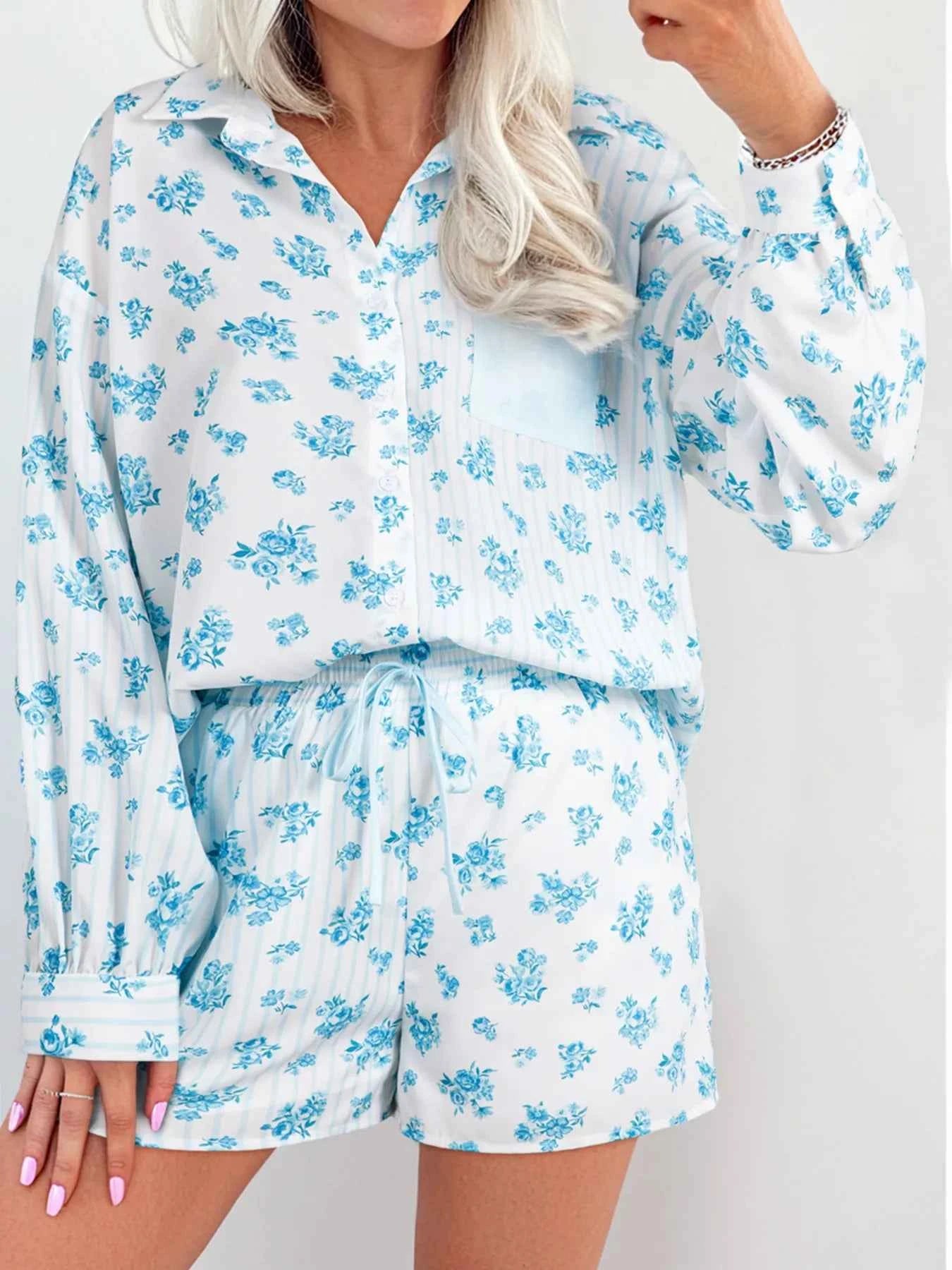 Floral Print Contrast Patched Pocket Shirt and Shorts Set Light Blue 1b0cf1a60a604ec386fe6bc0fa83e70a-Max-Origin