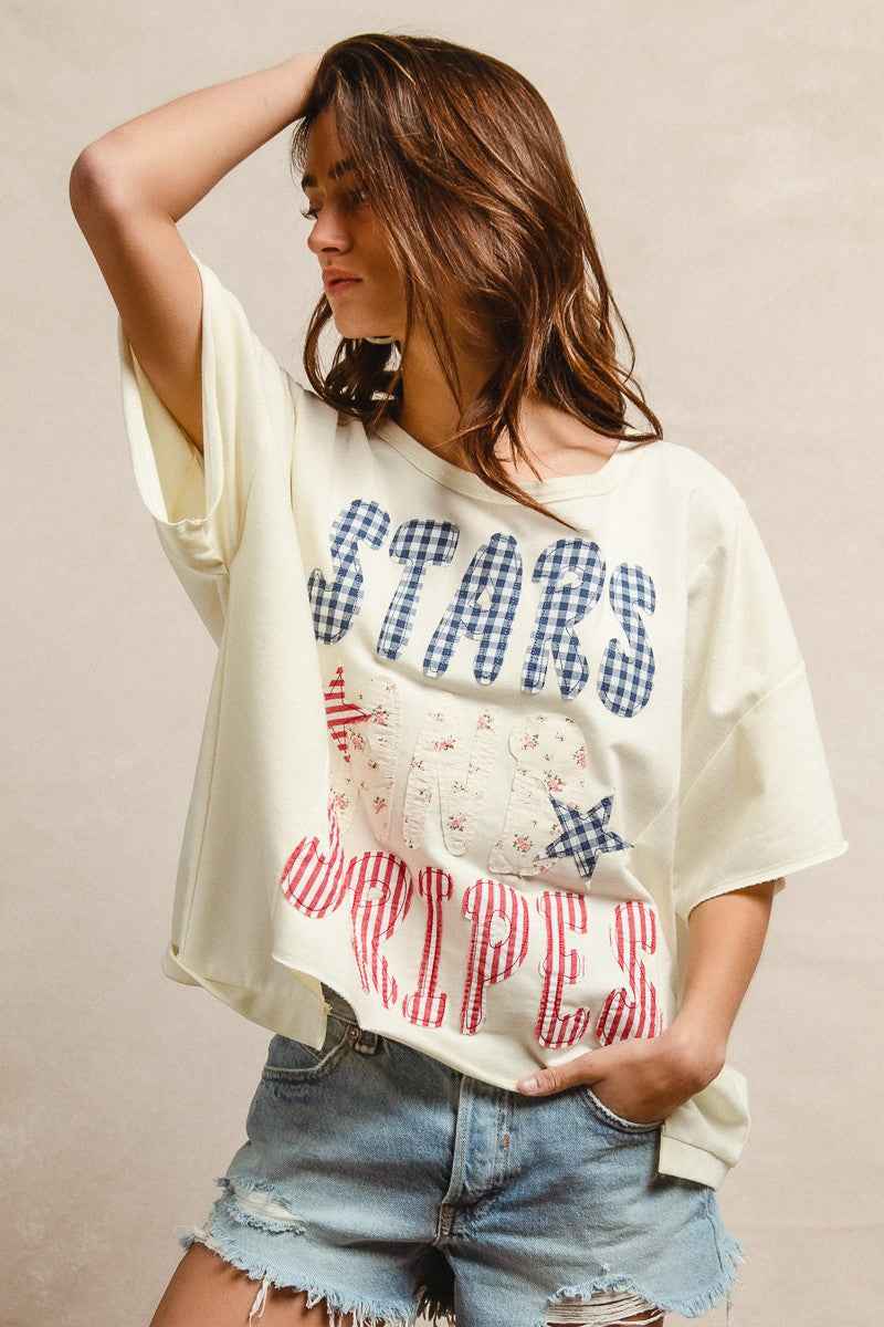 BiBi Mix And Match Stars And Stripes Patchwork Short Sleeve T-Shirt 1b0d8386eeb647eebd6514b0f4d554a5-Max