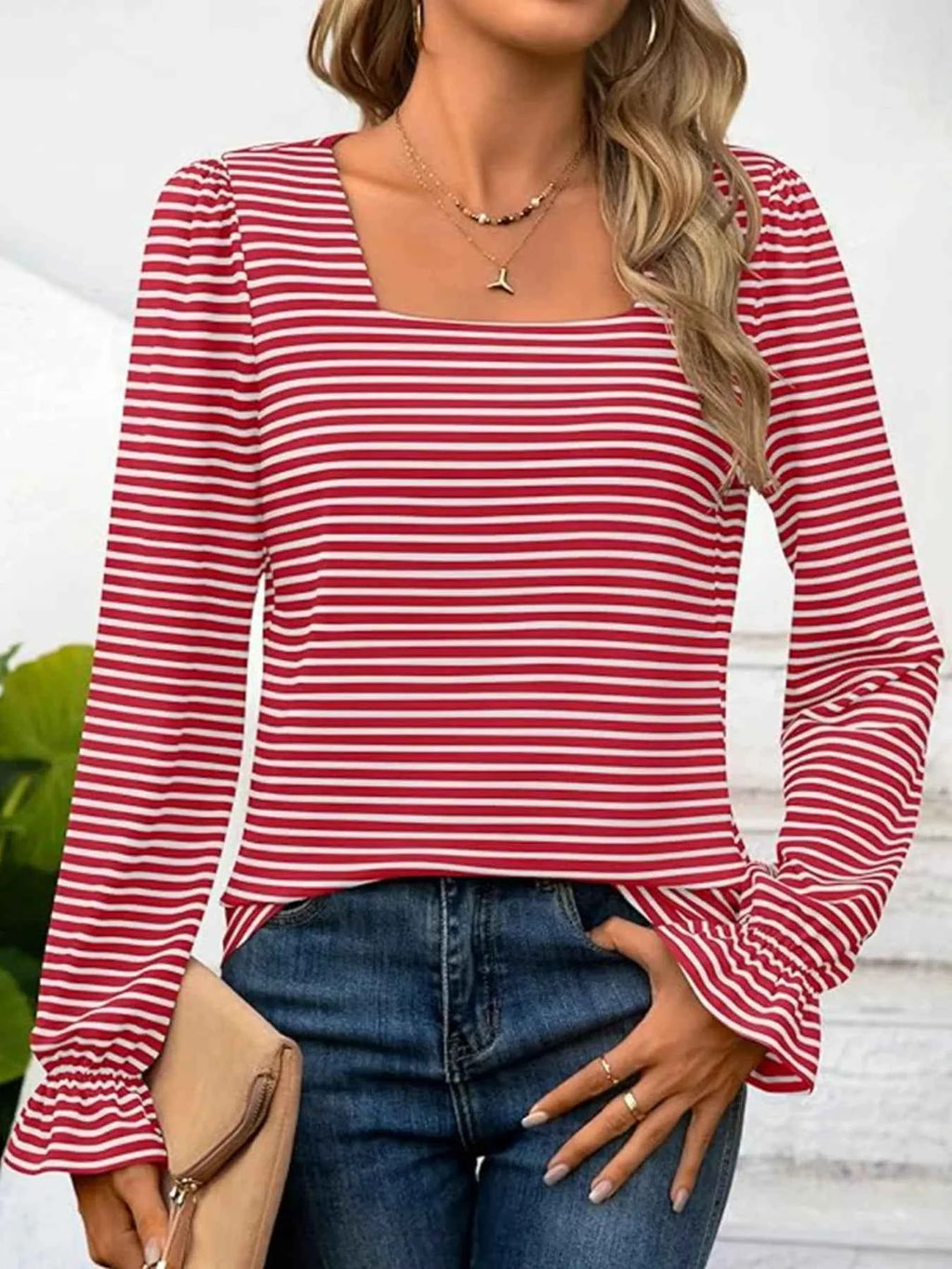 Striped Long Sleeve T-Shirt with Square Neckline 1b0e2952c7454697859d405088b19804-Max-Origin