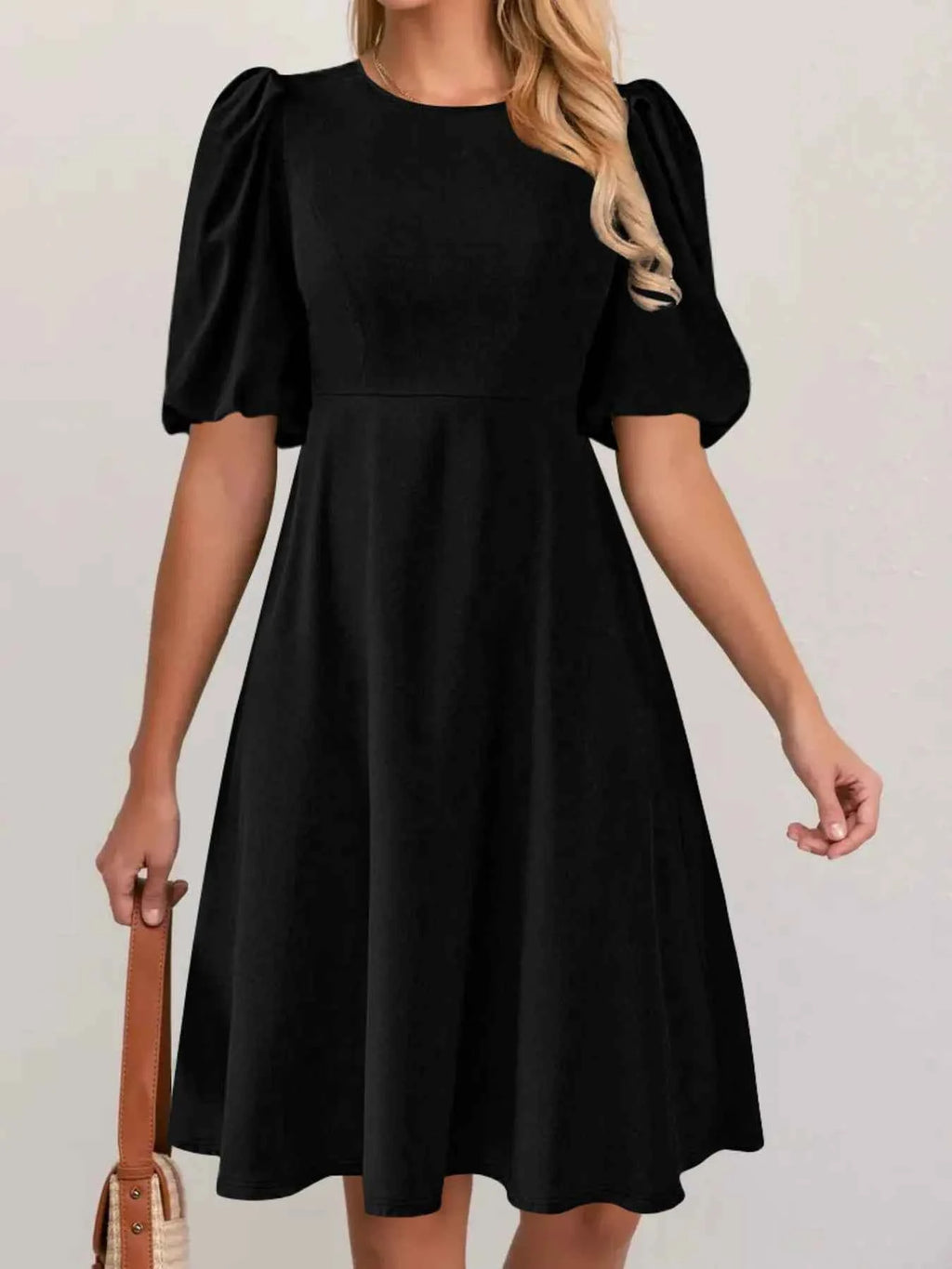 Round Neck Puff Sleeve A-Line Dress 1b0e83e82deb4faaaeb28fc37940ba8c-Max-Origin