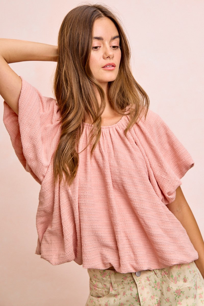 BiBi Stripes Textured Shirred Neckline Bubble Hem Top 1b1b016d01094ba1b2f29830fdd92608-Max