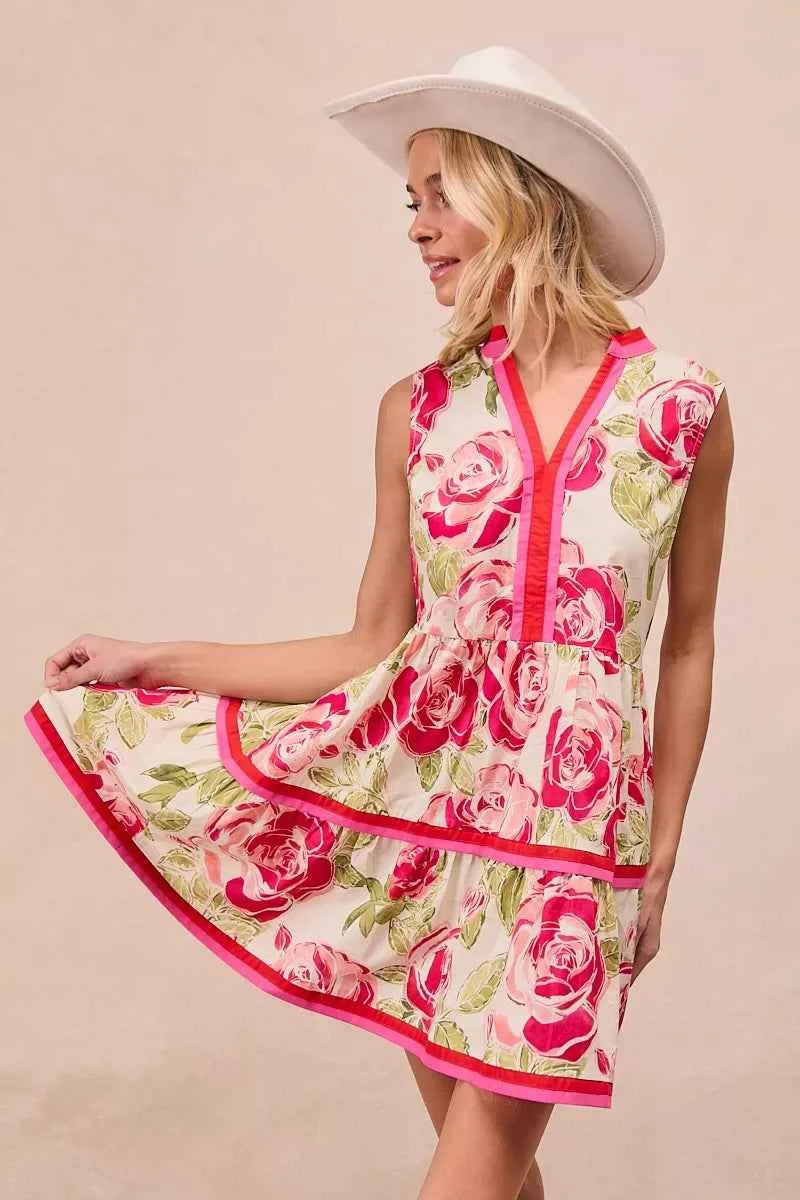 BiBi Floral Woven Contrast Edge Tiered Ruffle Mini Dress CORAL 1b1e0a935b1a45b0ac44a489e9a9af5a-Max-Origin