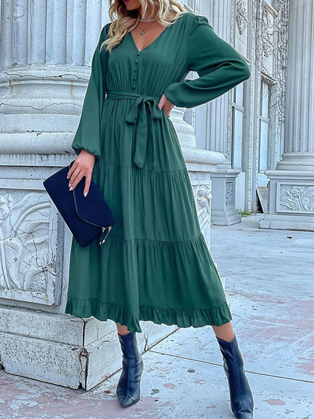 Ruffled Hem V-Neck Balloon Sleeve Dress Dark Green 1b200431-38ad-4f66-88cf-579562d311ad-Max-Origin