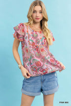Umgee Mix Paisley Ruffle Sleeve Top PINK MIX 1b2072f5-f955-4b01-ae3b-162e5a14ac34-Max