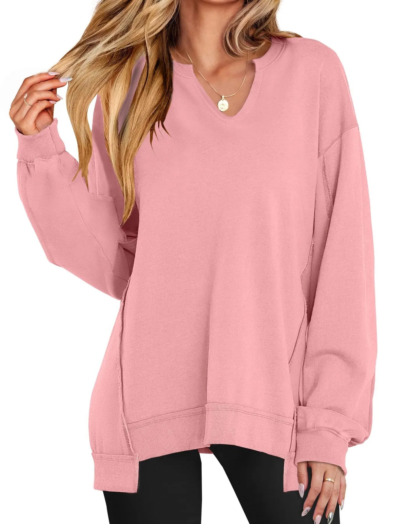 Notched Long Sleeve Oversized Sweatshirt Pink 1b24c4dce3b44444b677631d80b42e3a-Max-Origin