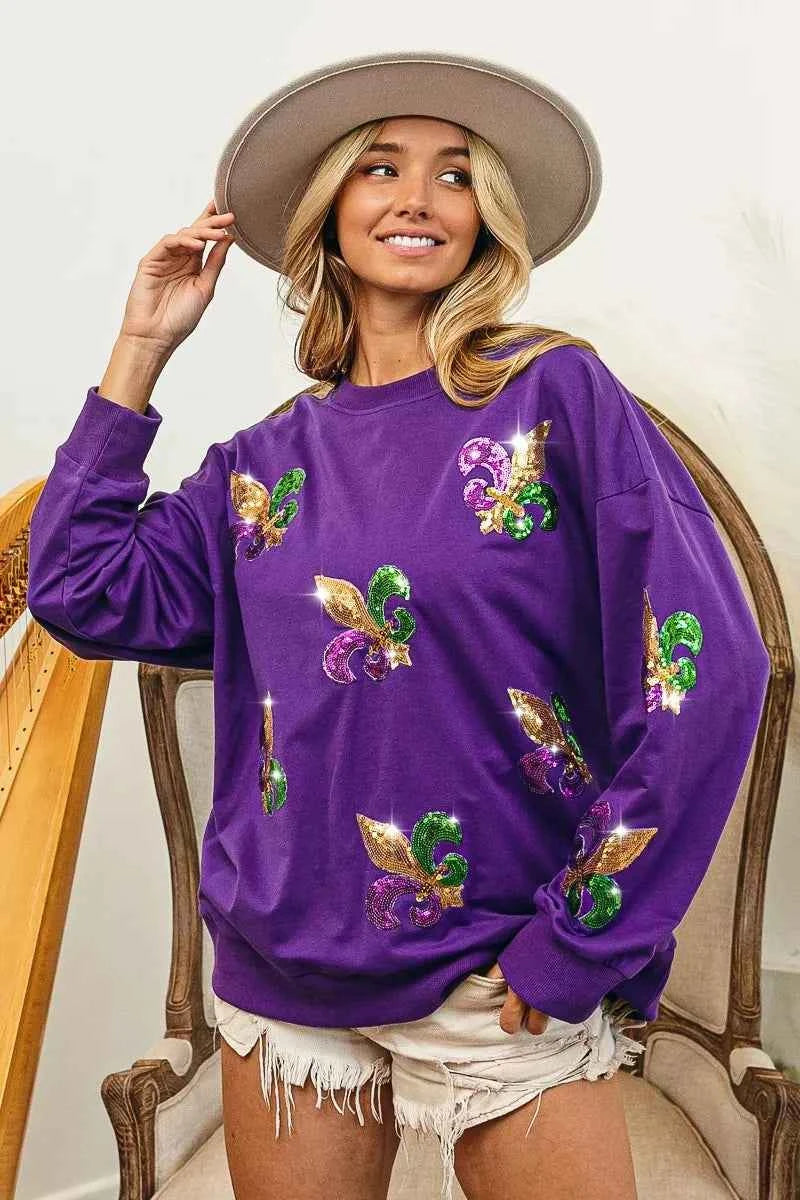 BiBi Fleur De Lis Sequin Patches Mardi Gras Sweatshirt 1b25571082b54c8c8a0d5cd4f1a453aa-Max-Origin