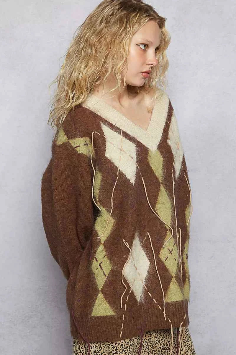 POL V-Neck Argyle Pattern Mohair Sweater with Contrast Exposed Stitch Detail 1b2b81ae-6bf1-4135-b59b-3c6ca5bac9b6-Max-Origin