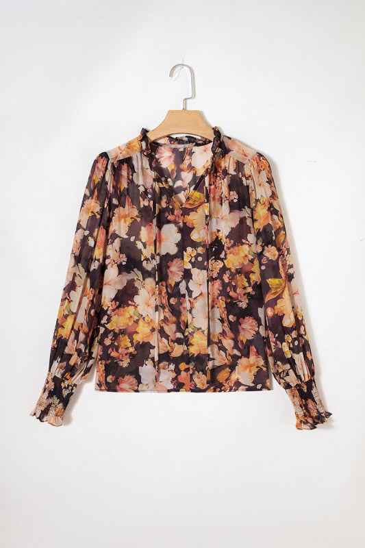 Floral V-Neck Long Puff Sleeve Blouse Black 1b2c43d5-2fa8-4bd9-9e43-79d894430b6e