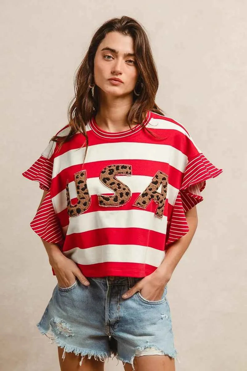 BiBi Stripe Mixed Ruffle Sleeve Top With Leopard Letter 1b2cfc55c4794696a3b07edba44dfe31-Max-Origin