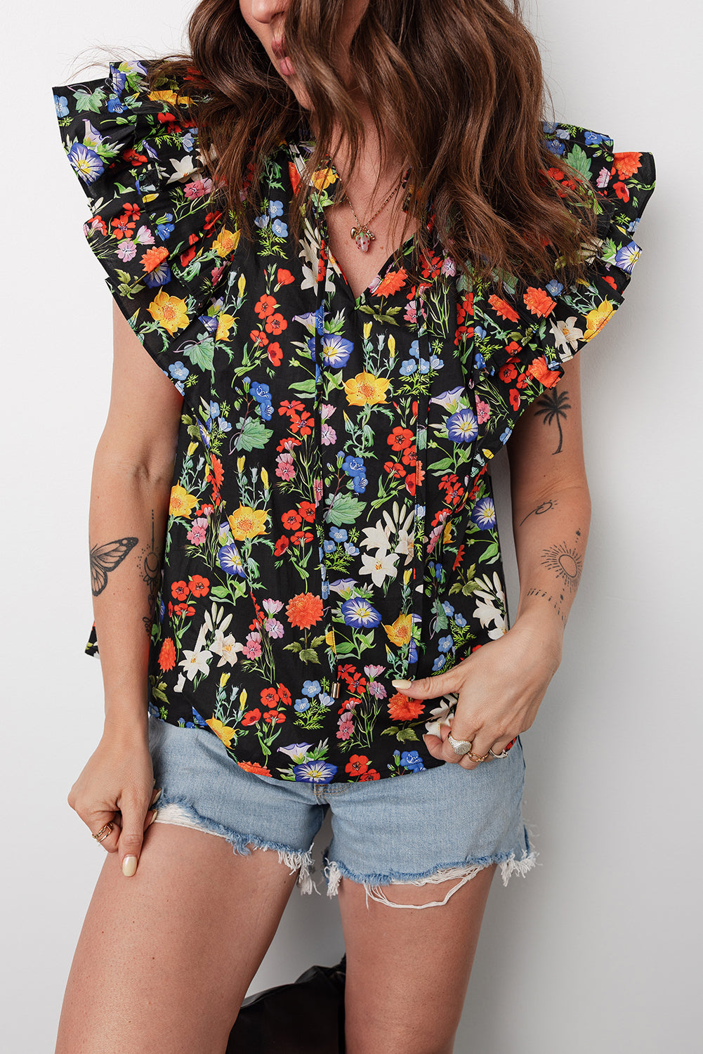 Black Tiered Flutter Sleeve V Neck Flower Blouse 1b2fea2c1ca29c3b