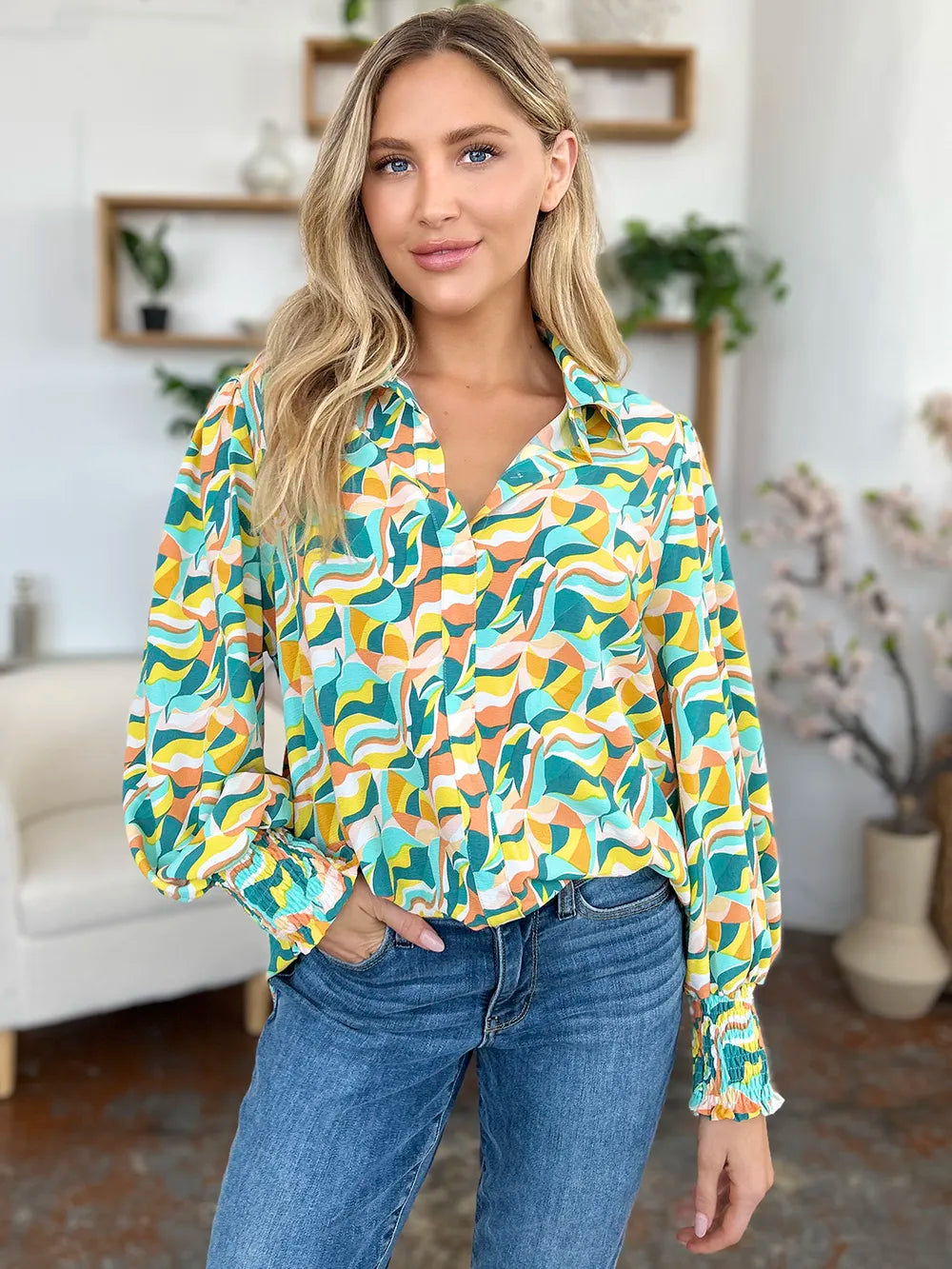 Double Take Full Size Printed Smocked Long Sleeve Blouse 1b3031cd-75a2-4609-854b-ee9845df9fc2-Max