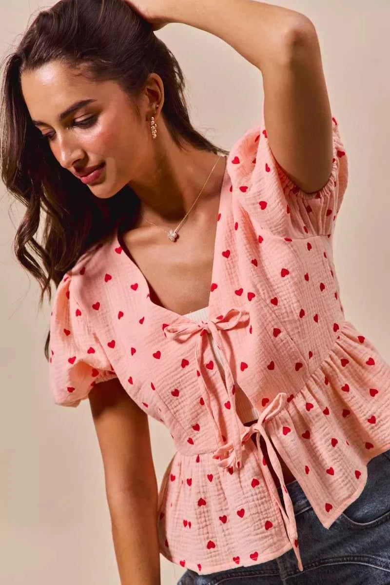 SO ME All Over Heart Ribbon Tie Baby Doll Valentine Blouse 1b37c60655e4497ba9f77073ba2b7d86-Max-Origin