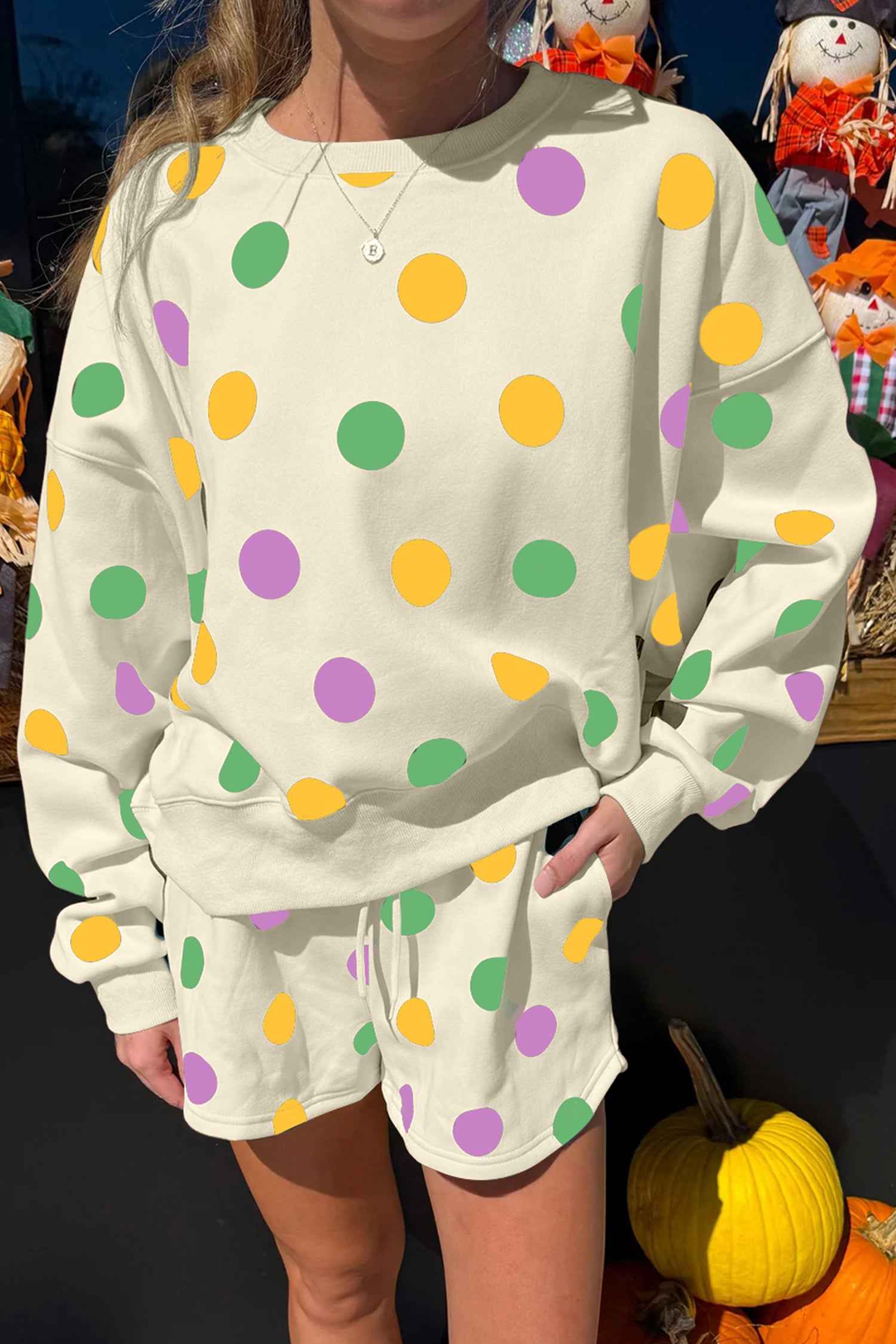 Multicolour Polka Dot Print Drop Shoulder Pullover Drawstring Shorts Set 1b3a6864dec38724