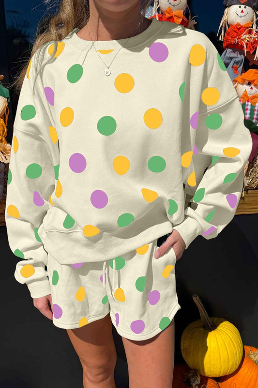 Multicolour Polka Dot Print Drop Shoulder Pullover Drawstring Shorts Set 1b3a6864dec38724