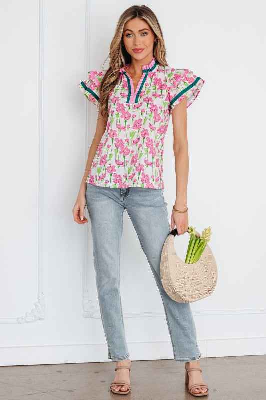 Floral Contrast V-Neck Ruffle Short Sleeve Blouse 1b3cbda1-c4a0-4fbc-87e1-27f68946f7d2