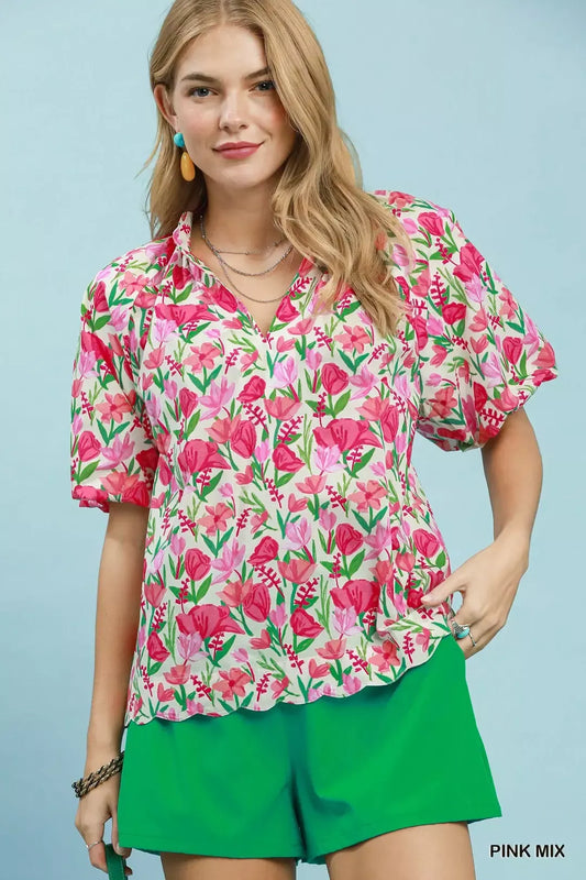 Floral Puff Sleeve Blouse with Scalloped Details PINK MIX 1b421dcb-df88-44f1-9ce5-7d3f600c2ac1-Max-Origin
