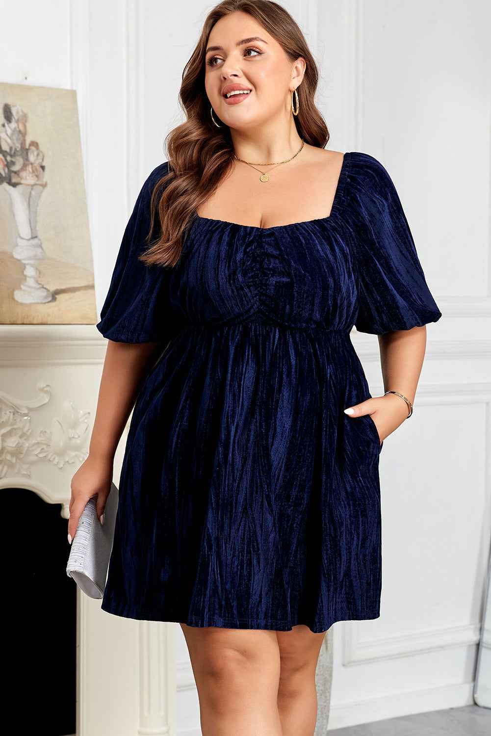 Navy Blue Velvet Ruched Bust Square Neck Short Puff Sleeve Plus Dress Navy Blue 100%Polyester 1b4475a121636120