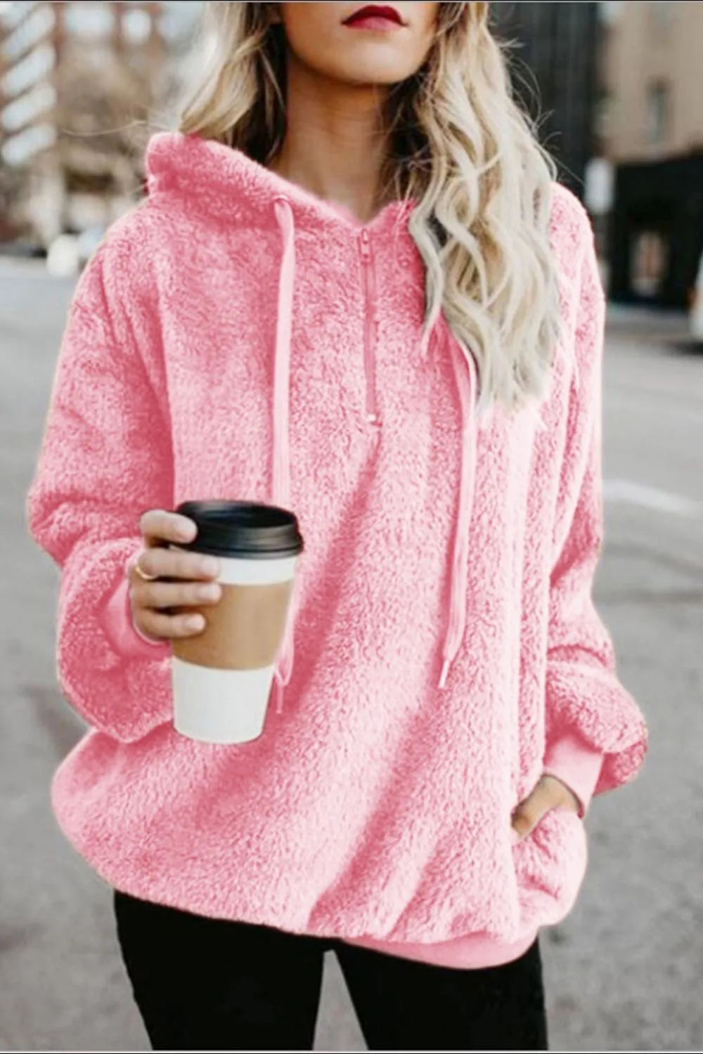 Full Size Quarter-Zip Drawstring Teddy Hoodie Blush Pink 1b45e03c-2545-447f-a0ba-52c56d5c6e4f-Max