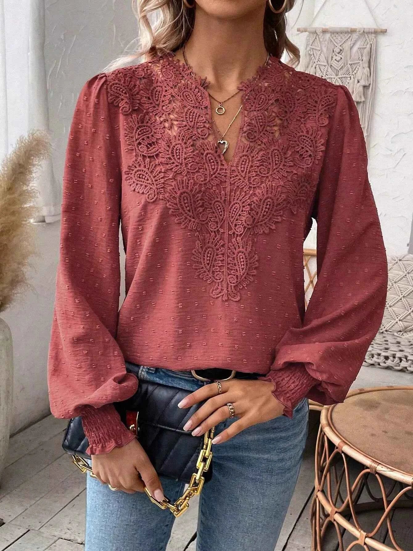 Swiss Dot Lace Detail Long Sleeve Blouse 1b47e9c8-7220-4640-b743-1598f191f53d-Max-Origin