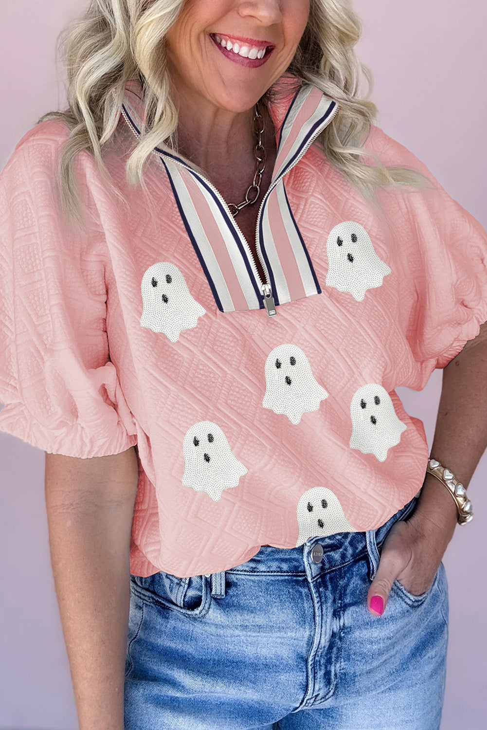 Light Pink Sequin Halloween Ghost Patch Application Graphic Top 1b49d5e31eff522a