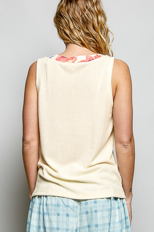 Ribbed V-Neck Tank with Contrast Floral Neckband 1b4f7bef-b58a-461a-bd06-fad5e901abf6-Max