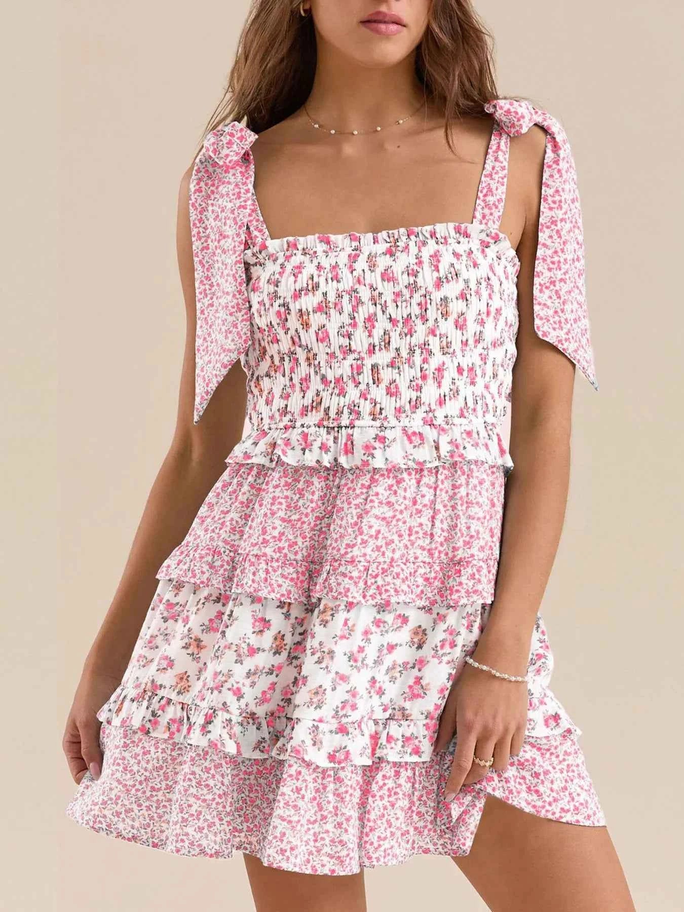 Floral Smocked Tie-Shoulder Summer Dress Pink 1b53b5db-0851-4195-aa10-e76238de8801-Max-Origin