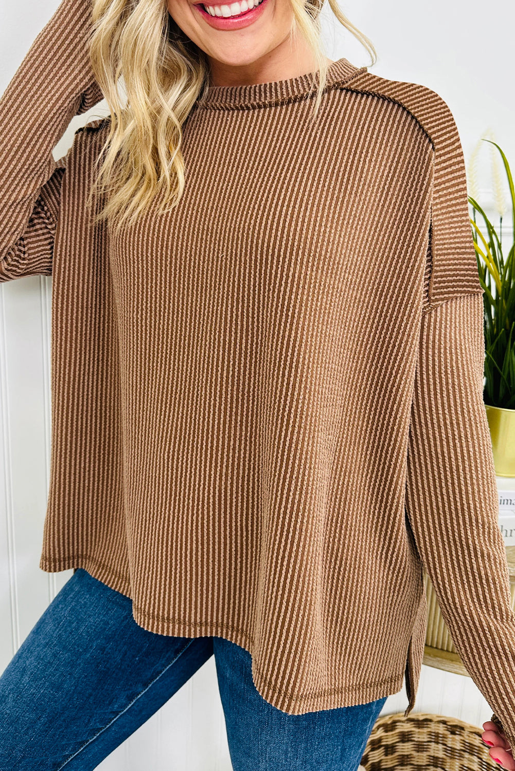 Green Bay Twisted Rib Exposed Seam Detail Long Sleeve Loose Top 1b572b86e4fd5fa1