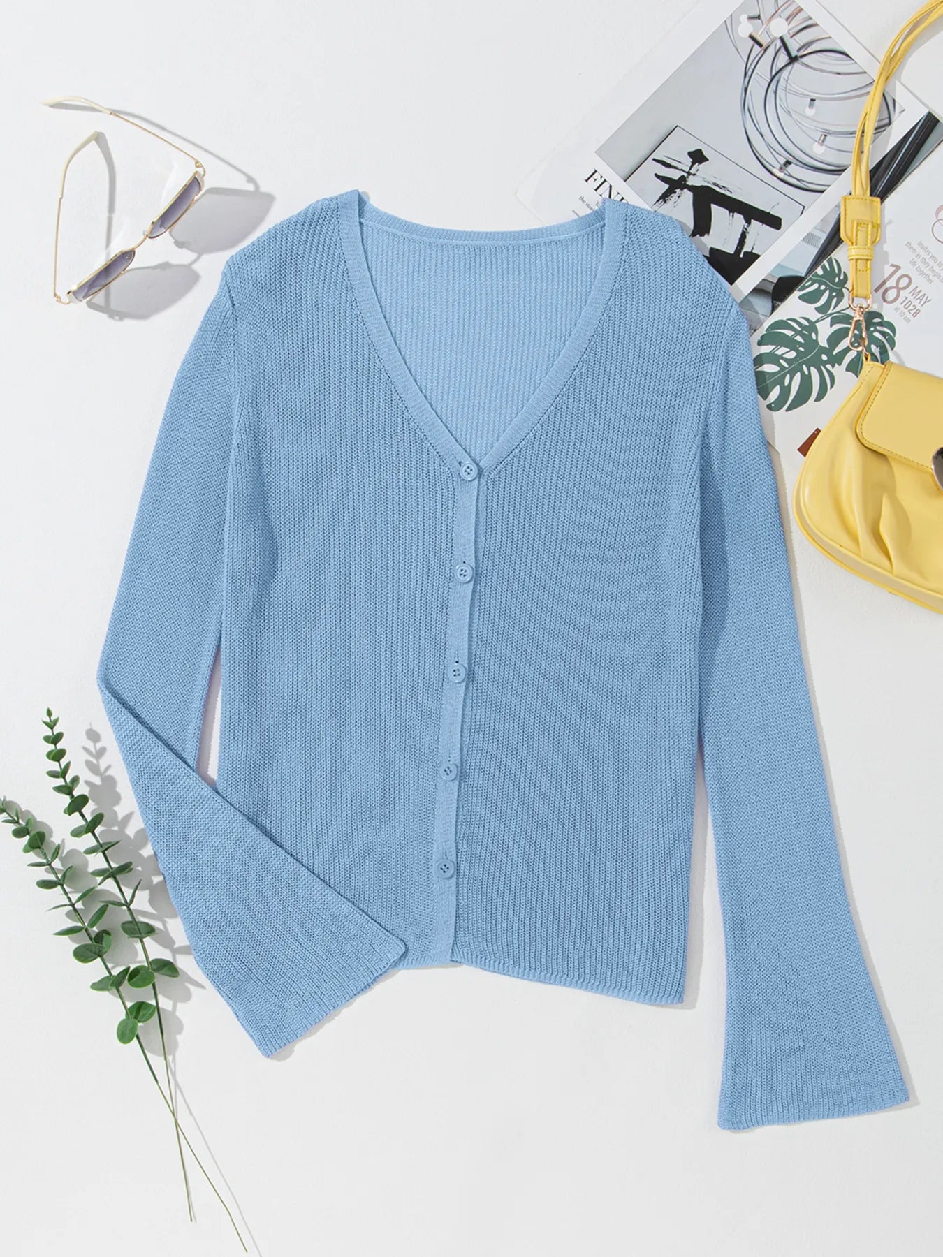 Lightweight V Neck Button Front Bell Sleeve Cardigan 1b60023f57c648b6a5cd0d3fd9d896a1-Max-Origin