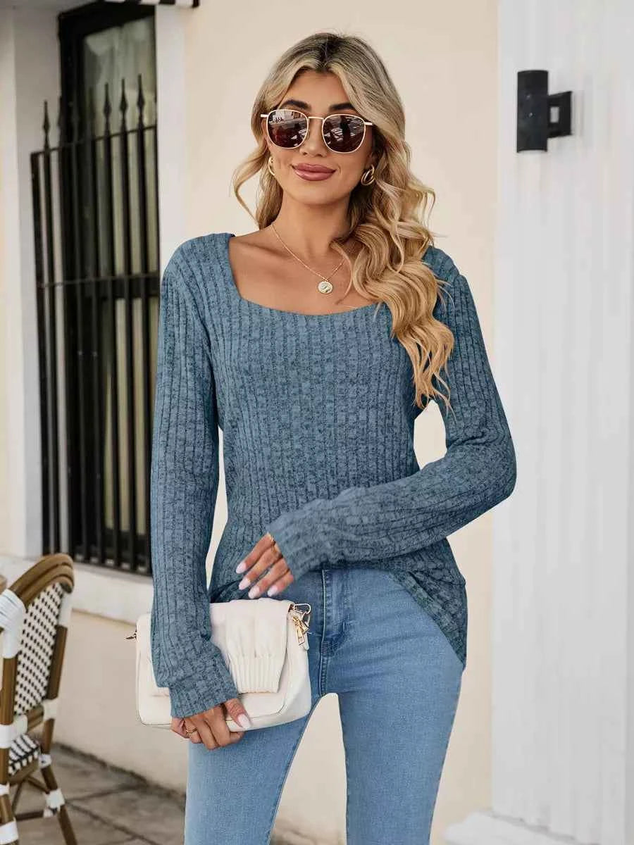 Ribbed Square Neck Long Sleeve T-Shirt 1b6012b1-51a9-4a37-b42a-50fb09112775-Max-Origin