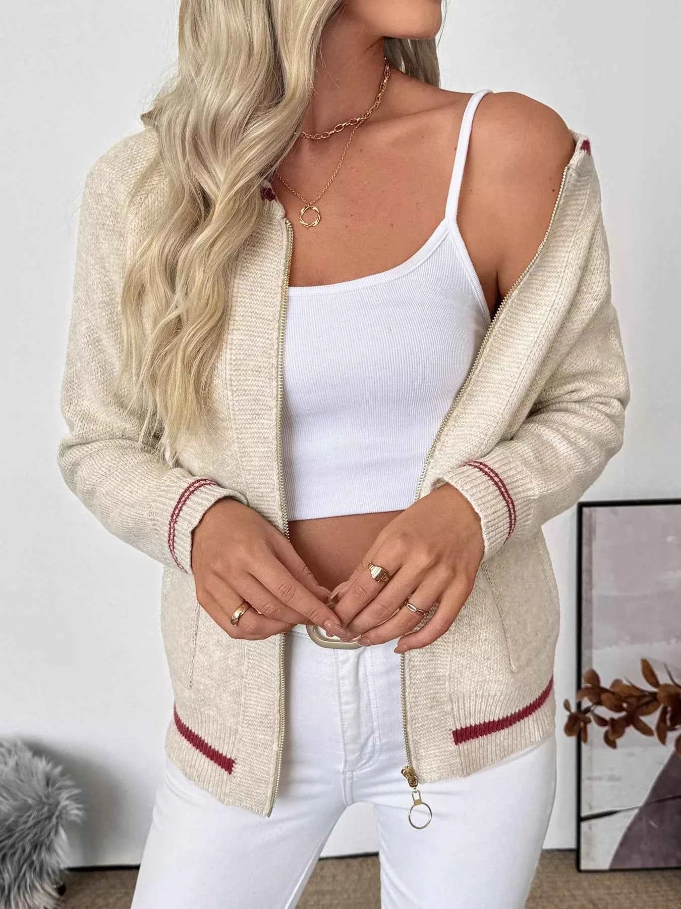 Zip Up Contrast Trim Cardigan 1b6175e12c4844b493504f014b924951-Max-Origin