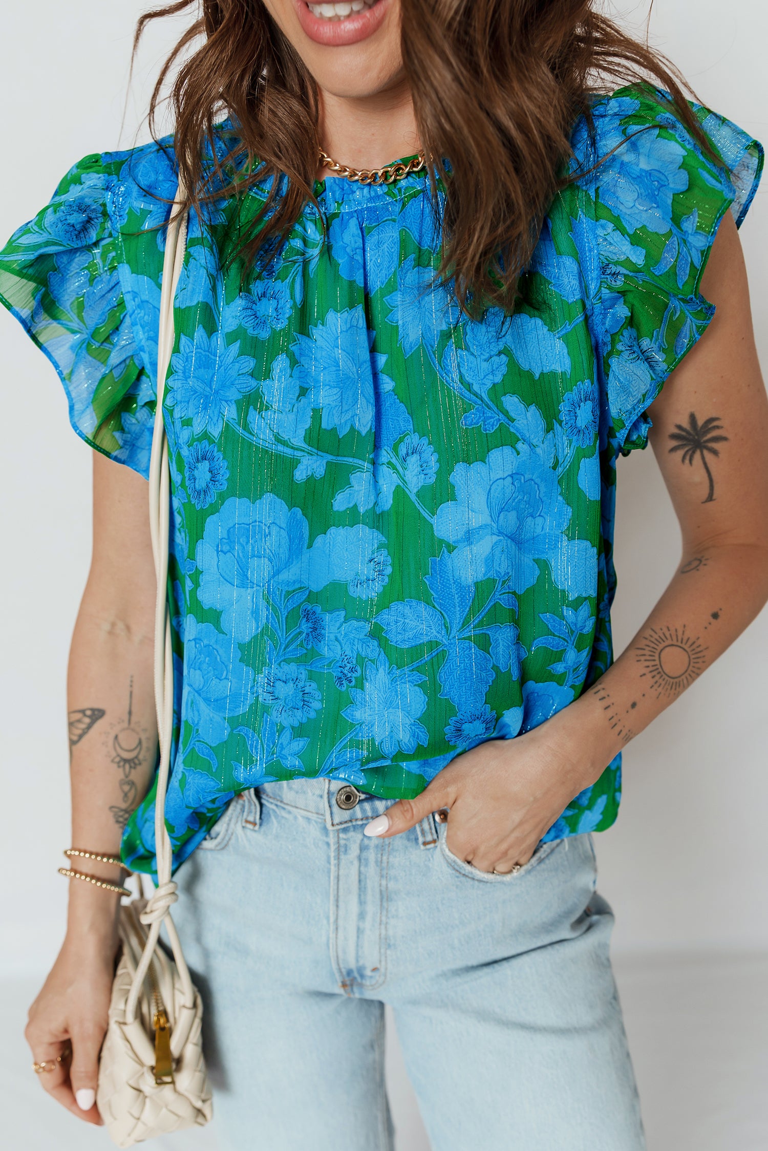 Green Floral Print Ruffled Sleeve Summer Blouse 1b6985ac4891d78e