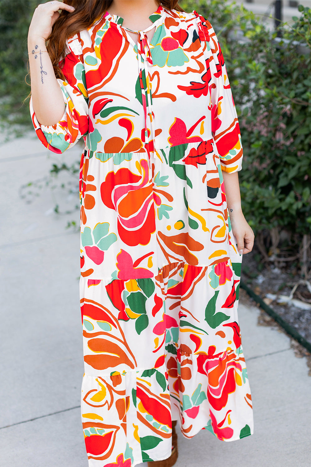 Orange Abstract Tie V Neck Tiered Plus Size Dress 1b714ed71189413b
