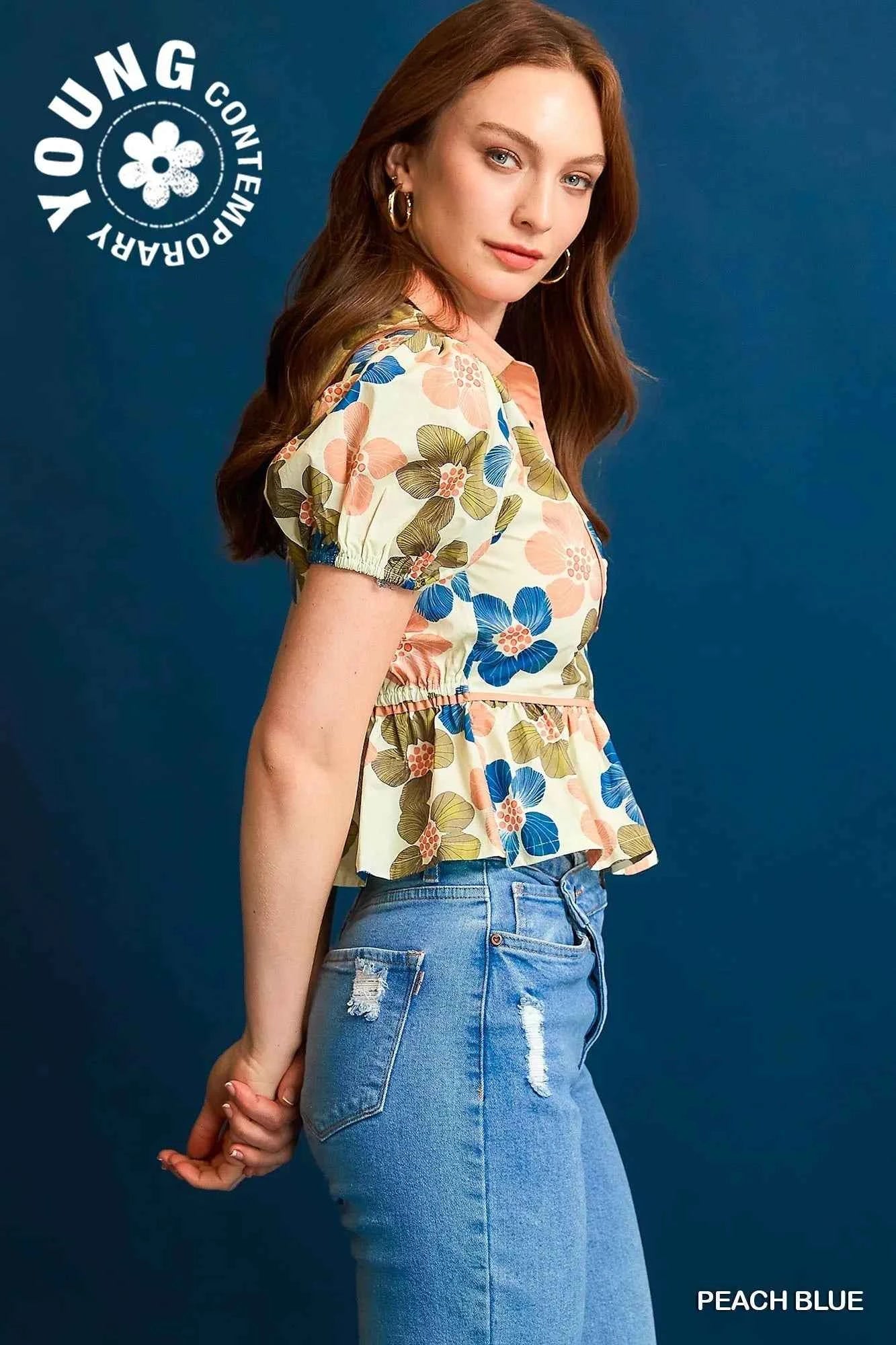 Umgee Floral Print Puff Sleeve Cropped Blouse 1b758782-e82b-41ba-8a4d-1237d32652cc-Max-Origin