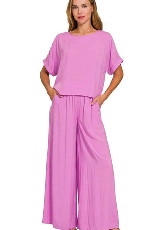 Round Neck T-Shirt and Wide Leg Pants Set BRIGHT MAUVE 1b78b473-15b8-427d-b23c-c78931e1da7b-Max-Origin