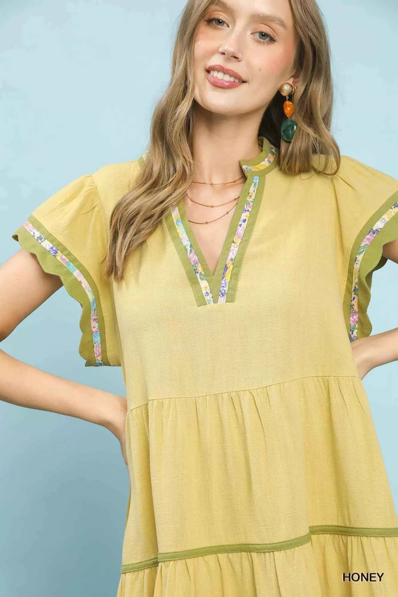 Umgee Linen Tiered Flutter Sleeve Dress with Floral Trim 1b7b81e3-6be6-422c-a0e8-d76f68eb3cf6-Max-Origin